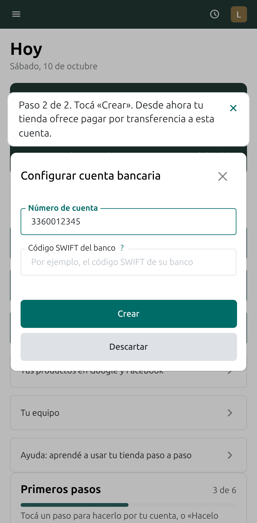 El botón Crear