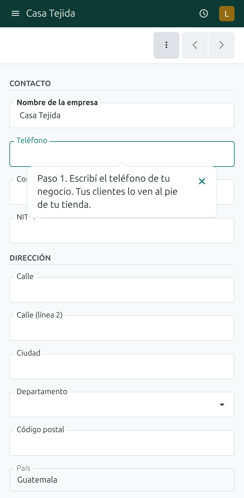 El campo Teléfono en la pantalla Tu negocio
