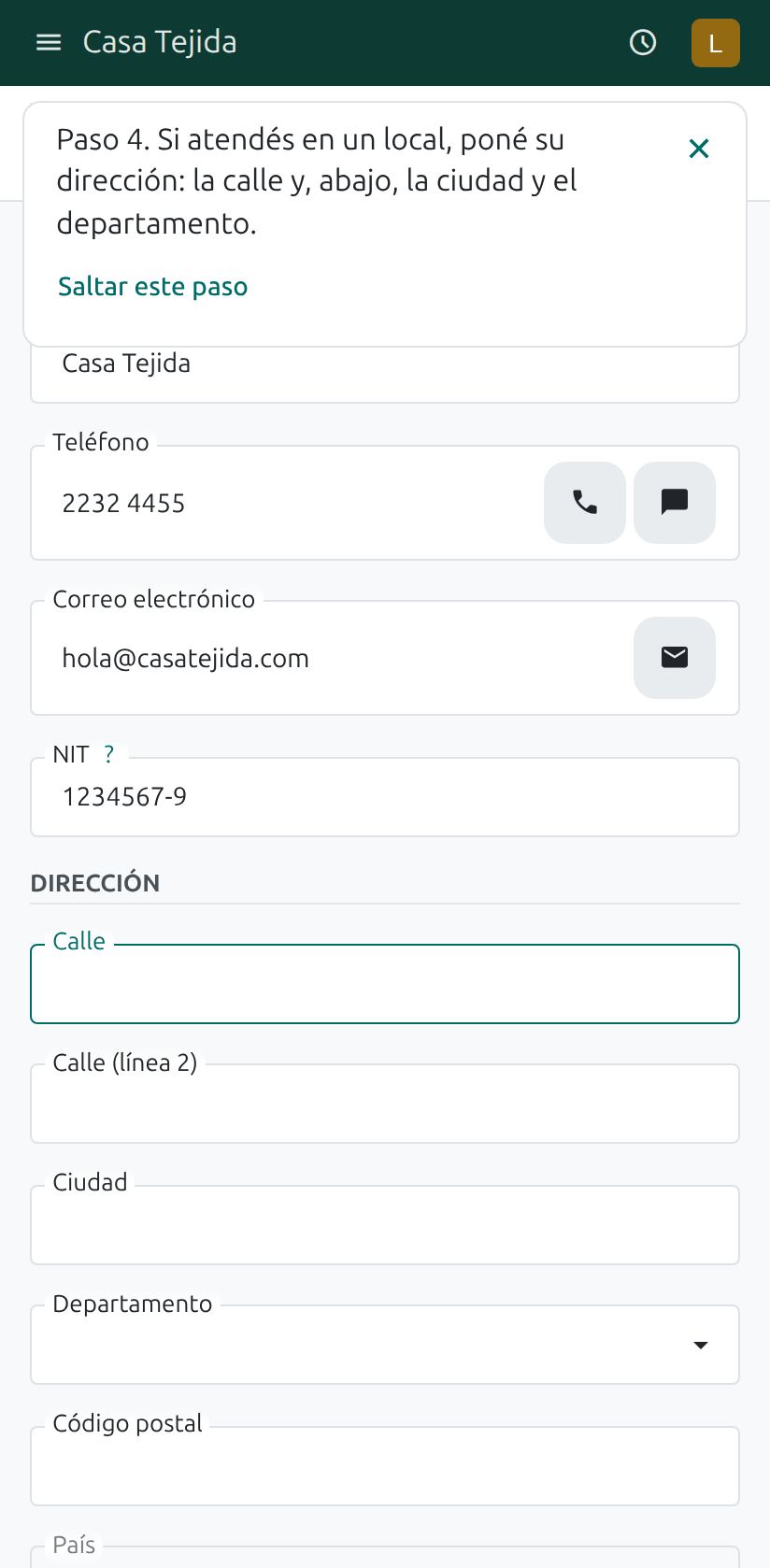 El campo Calle de la dirección