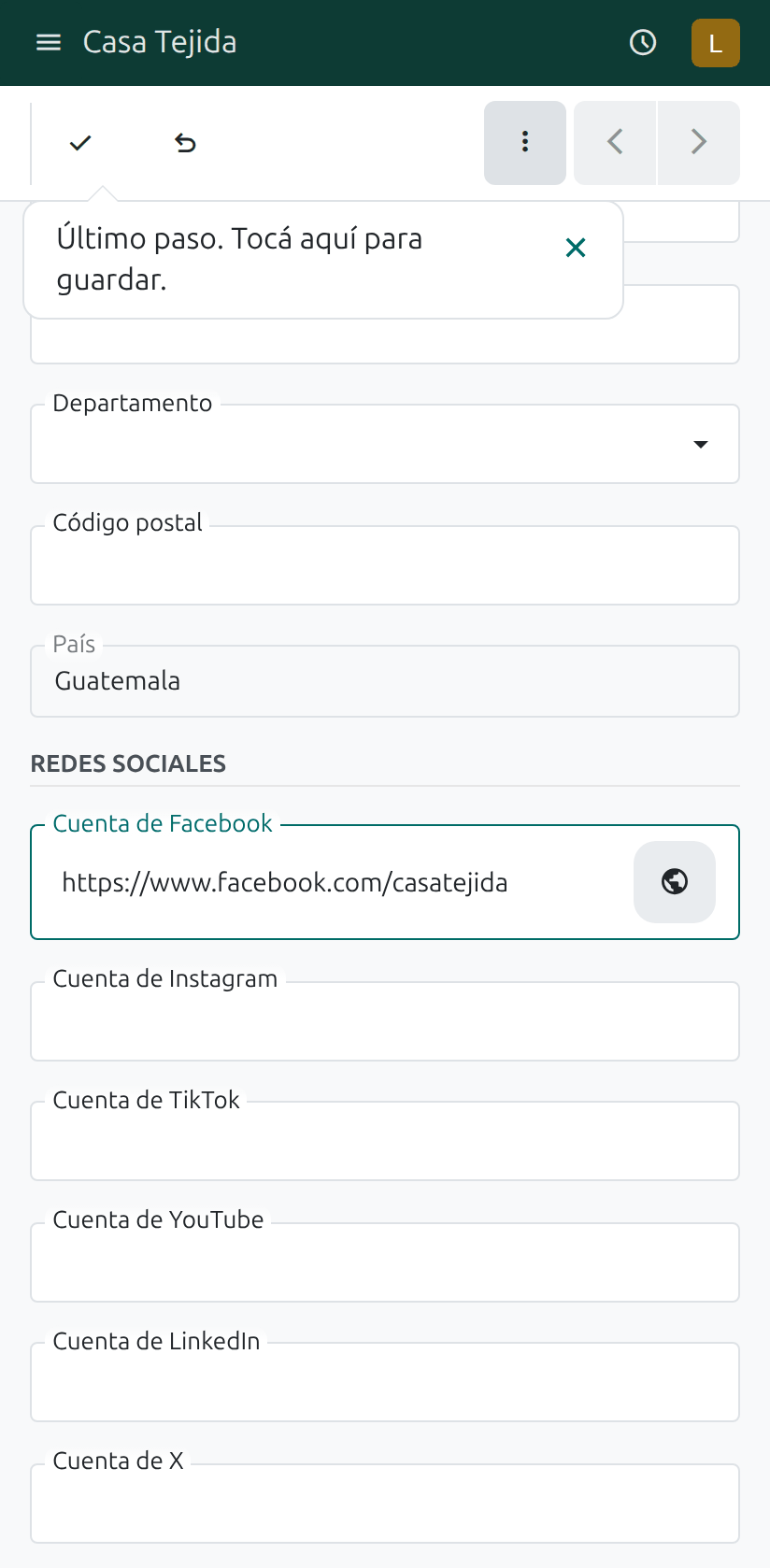 El botón para guardar