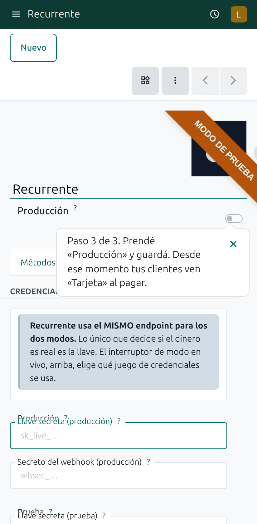 El interruptor Producción