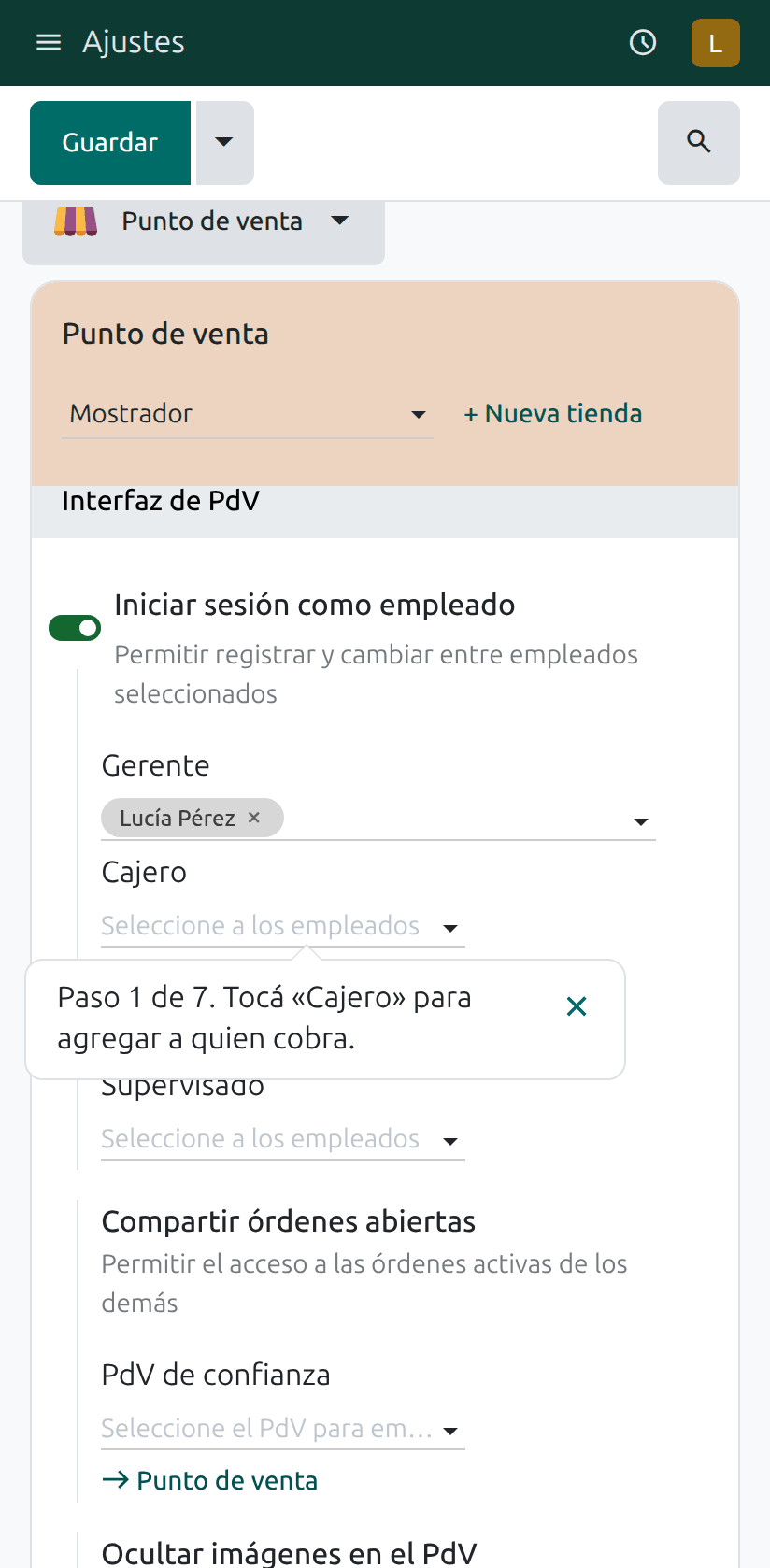 El campo Cajero en los ajustes de la caja