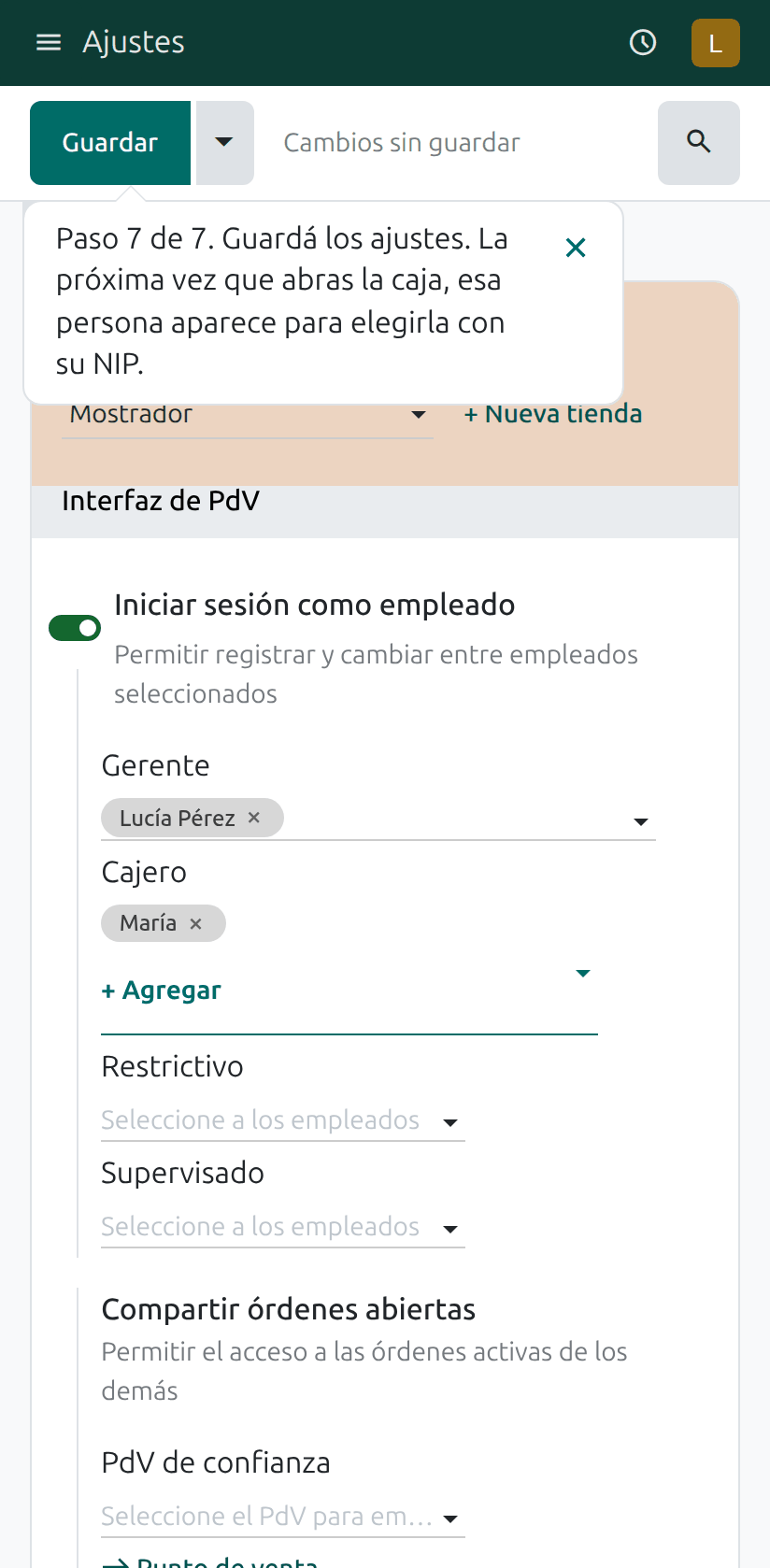 Guardar los ajustes, con el cajero ya en Cajero