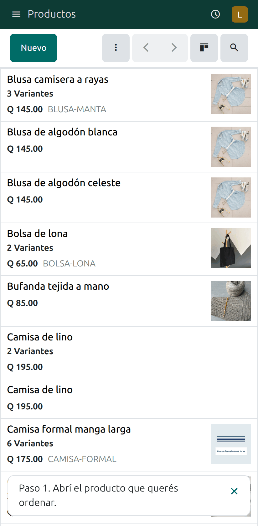 La lista de productos