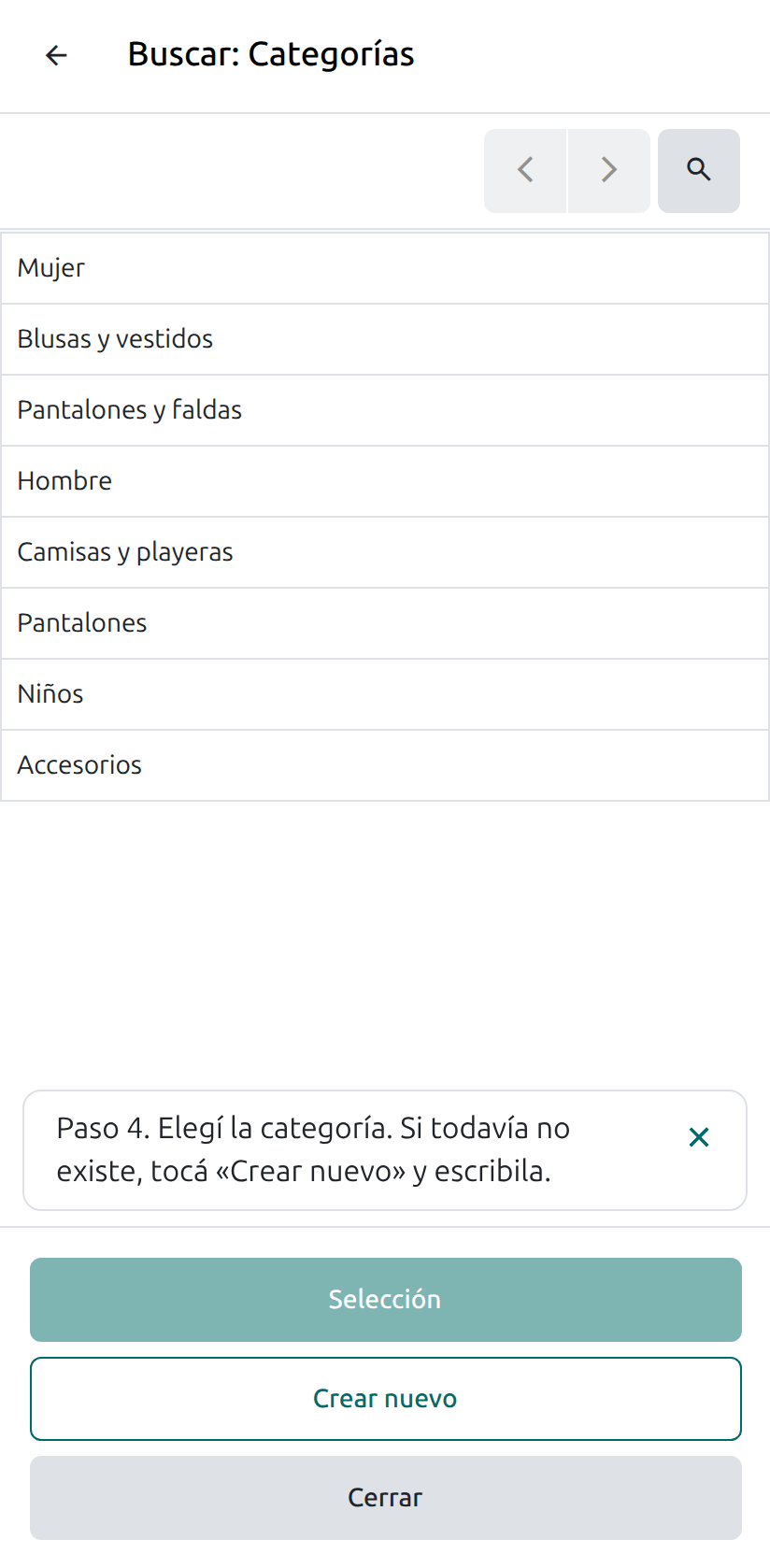 La lista de categorías, con Crear nuevo abajo