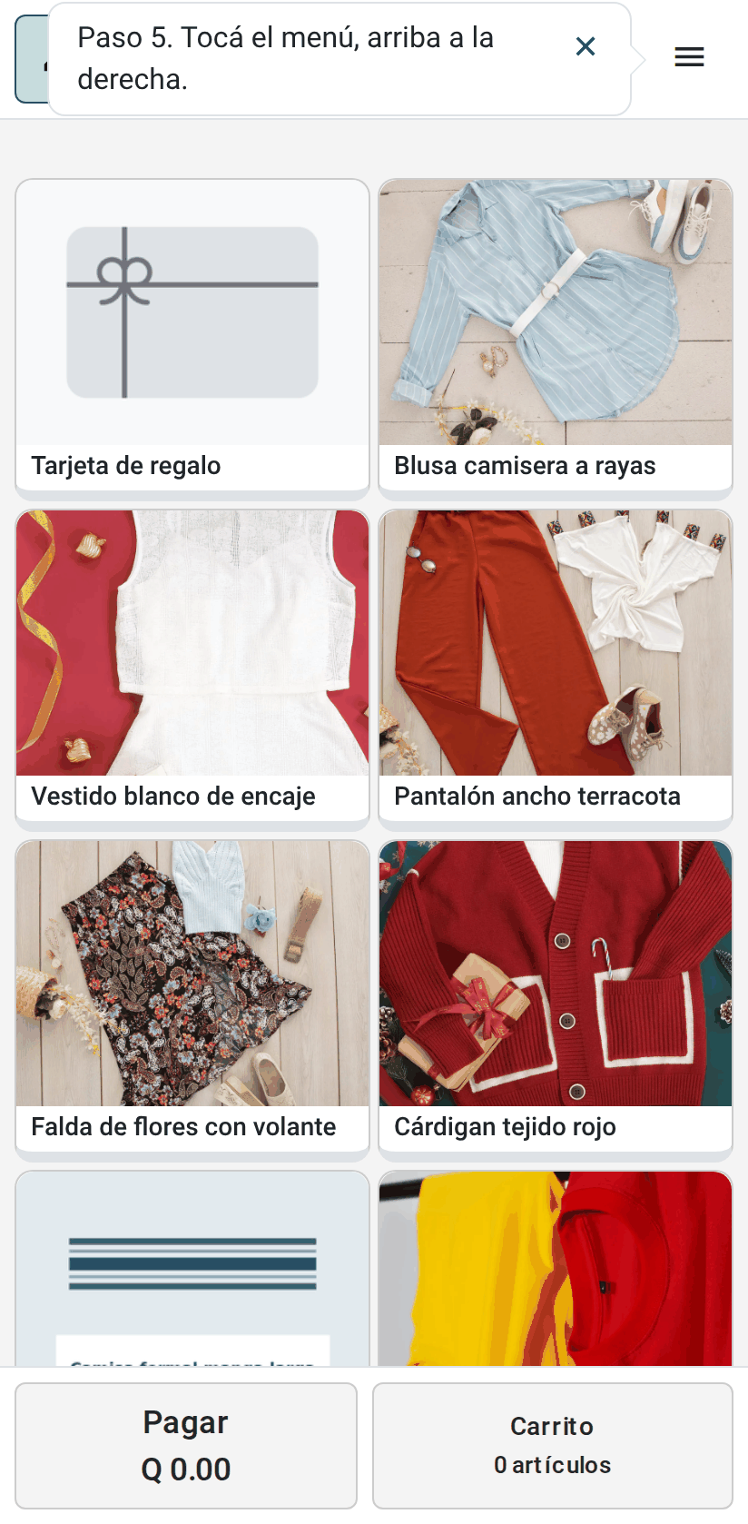 El menú de la caja