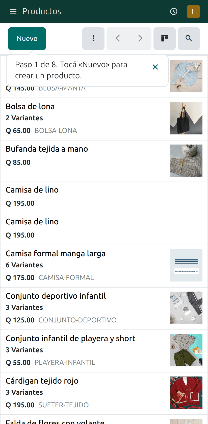 El botón Nuevo en la lista de productos