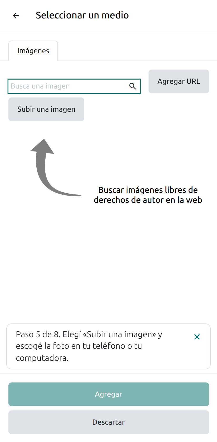 La ventana para subir una imagen