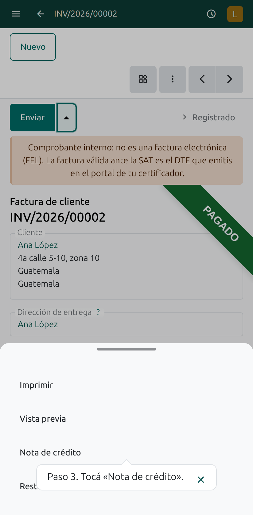 El botón Nota de crédito