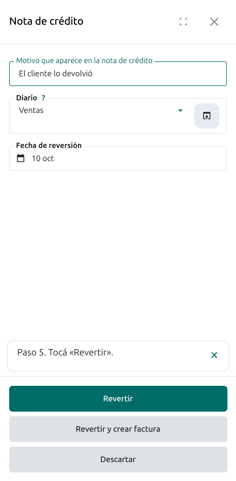 El motivo escrito y el botón Revertir