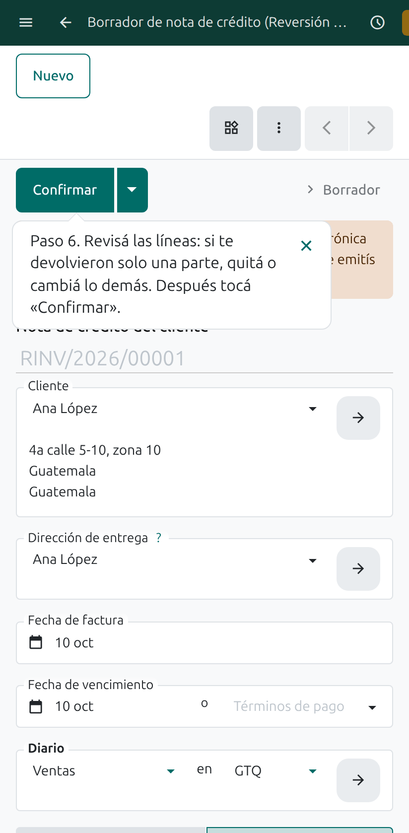 La nota de crédito en borrador