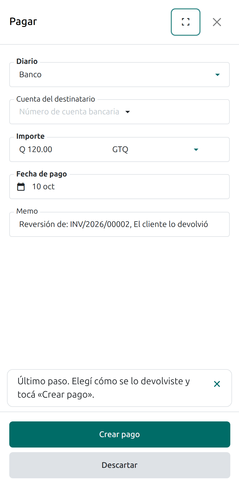 El botón Crear pago