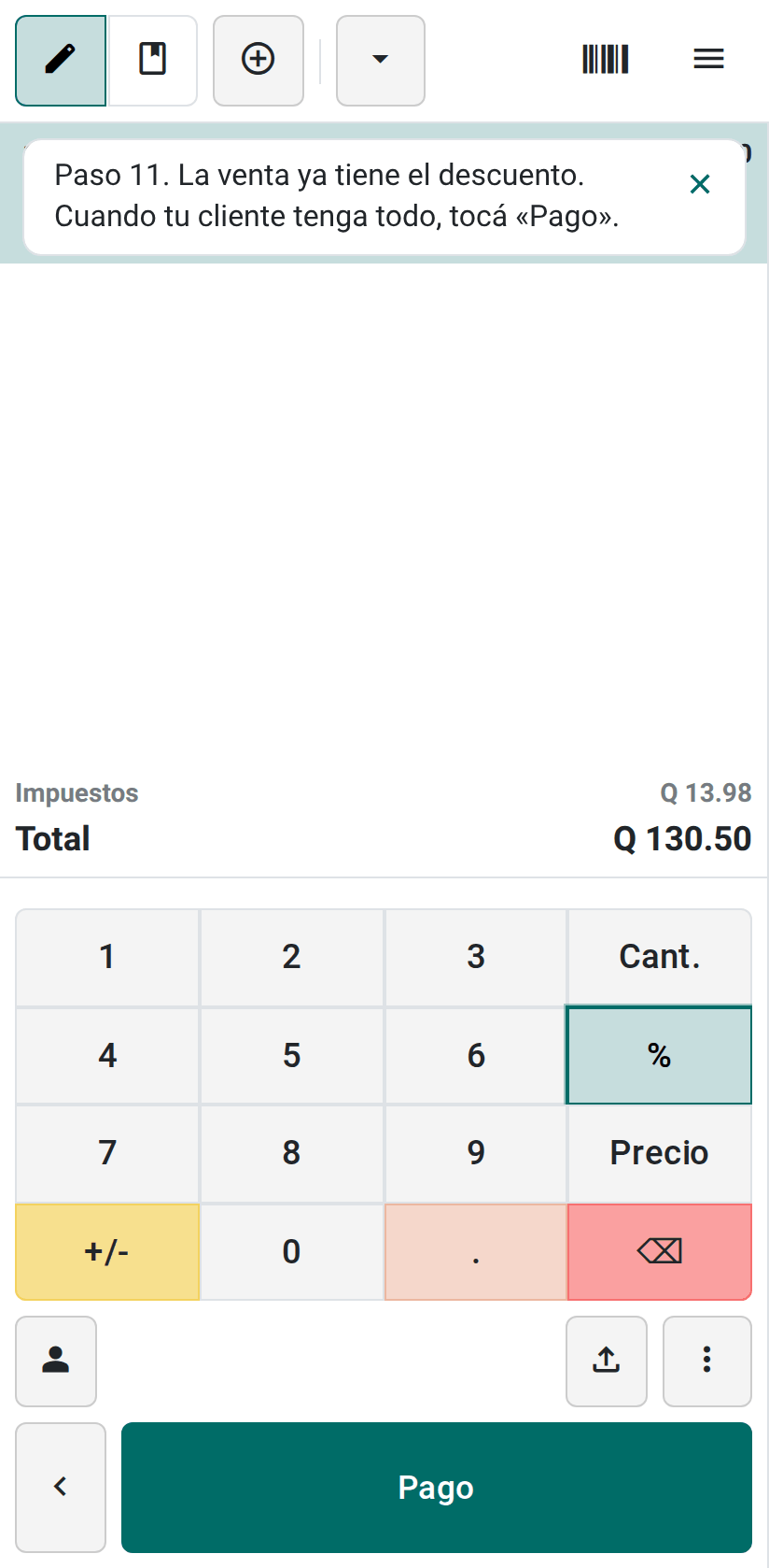 La venta con 10 % de descuento y el botón Pago