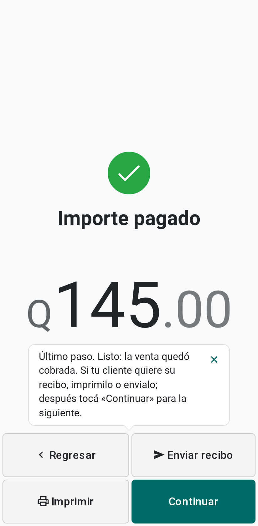 La venta cobrada, con Imprimir y Continuar