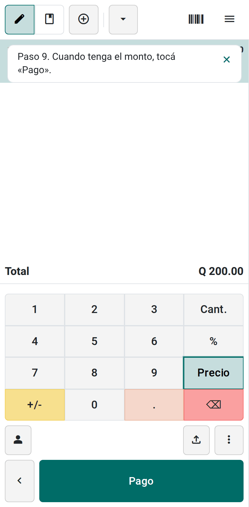 La tarjeta de Q200 en la venta y el botón Pago