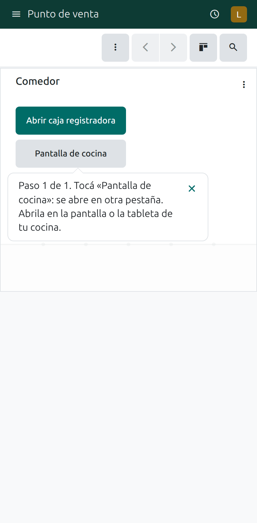 El botón Pantalla de cocina en la tarjeta de la caja