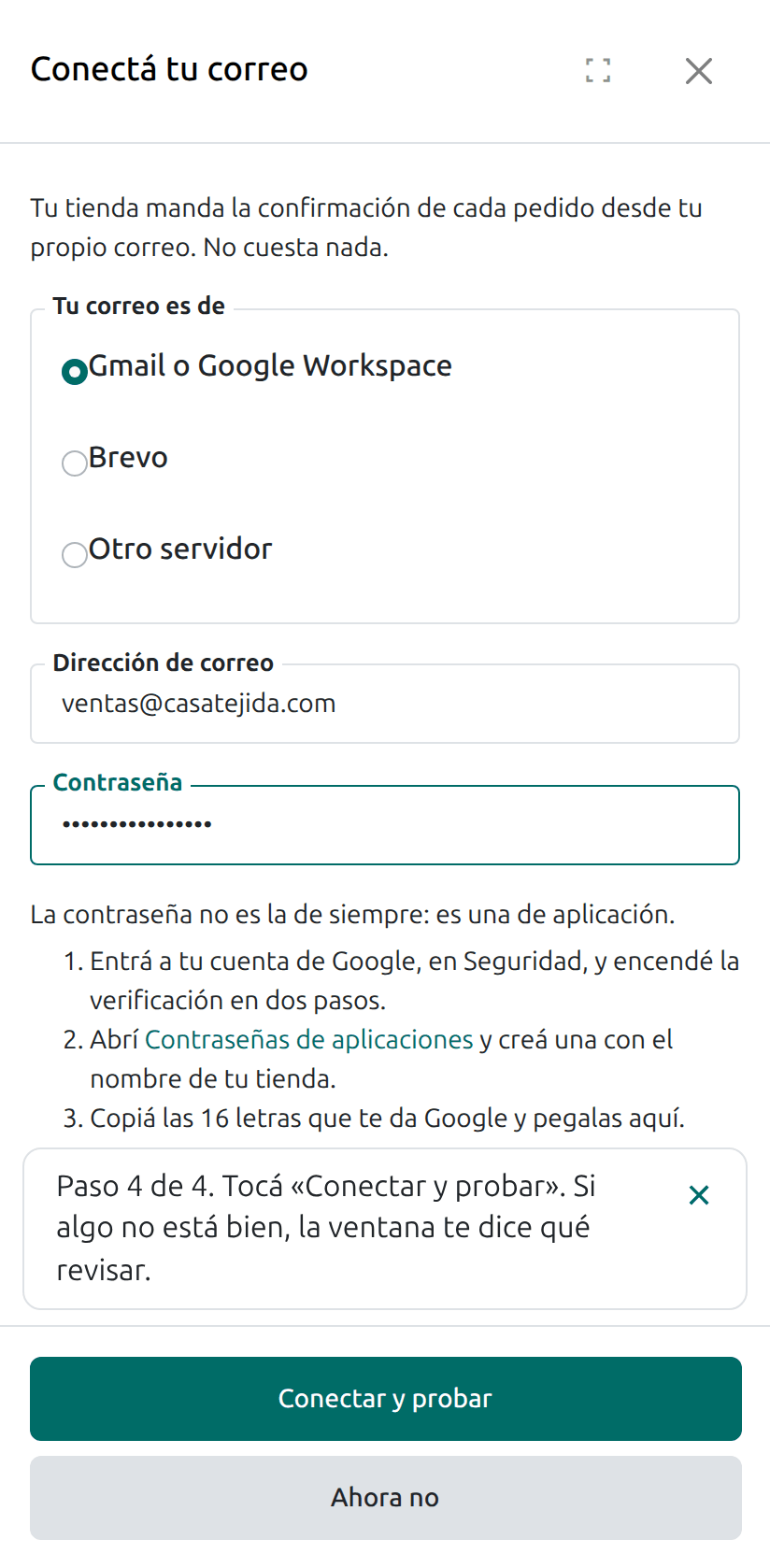 El botón Conectar y probar