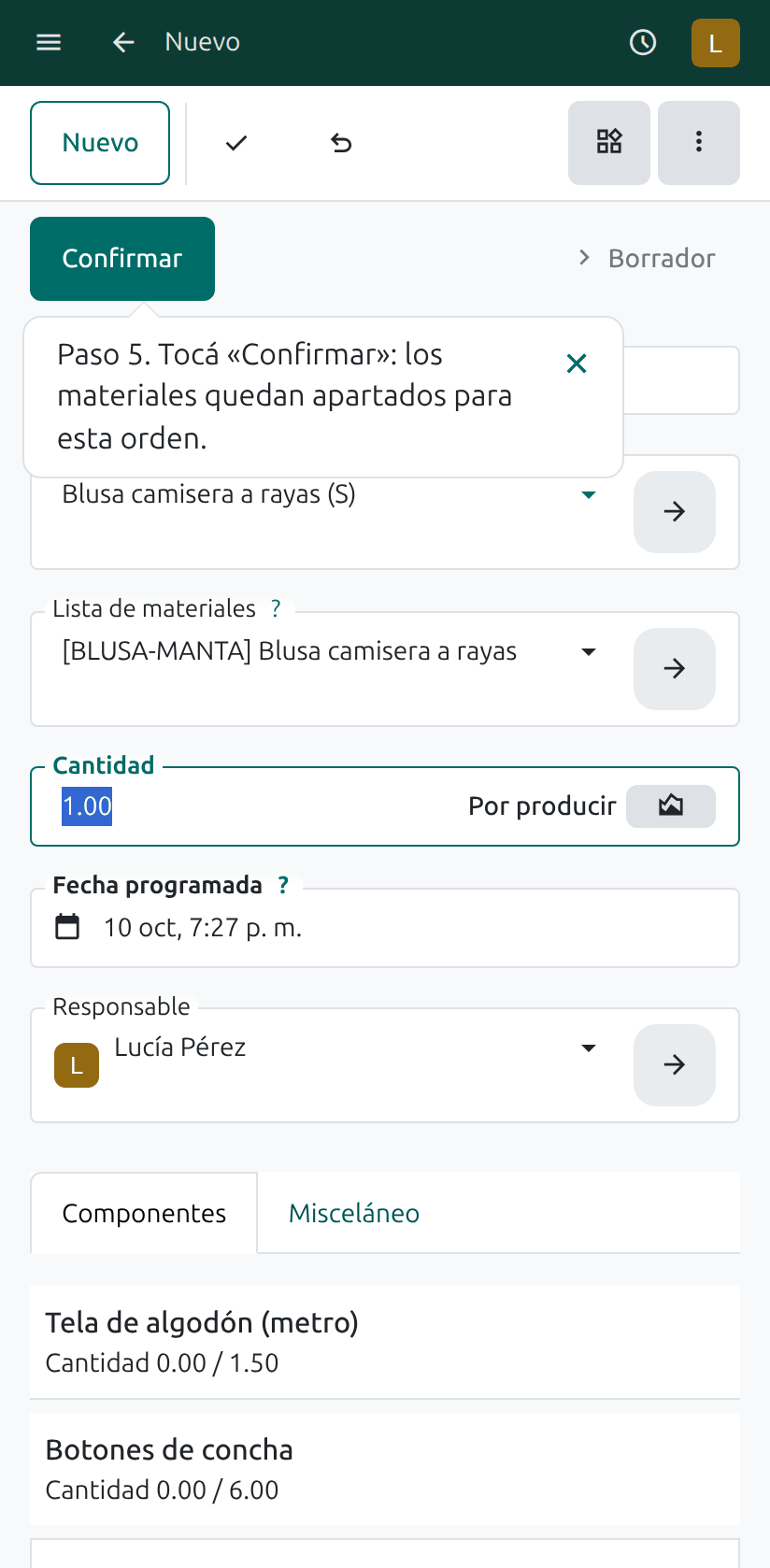 El botón Confirmar