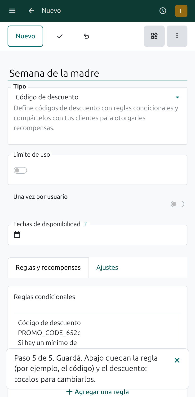 El botón para guardar