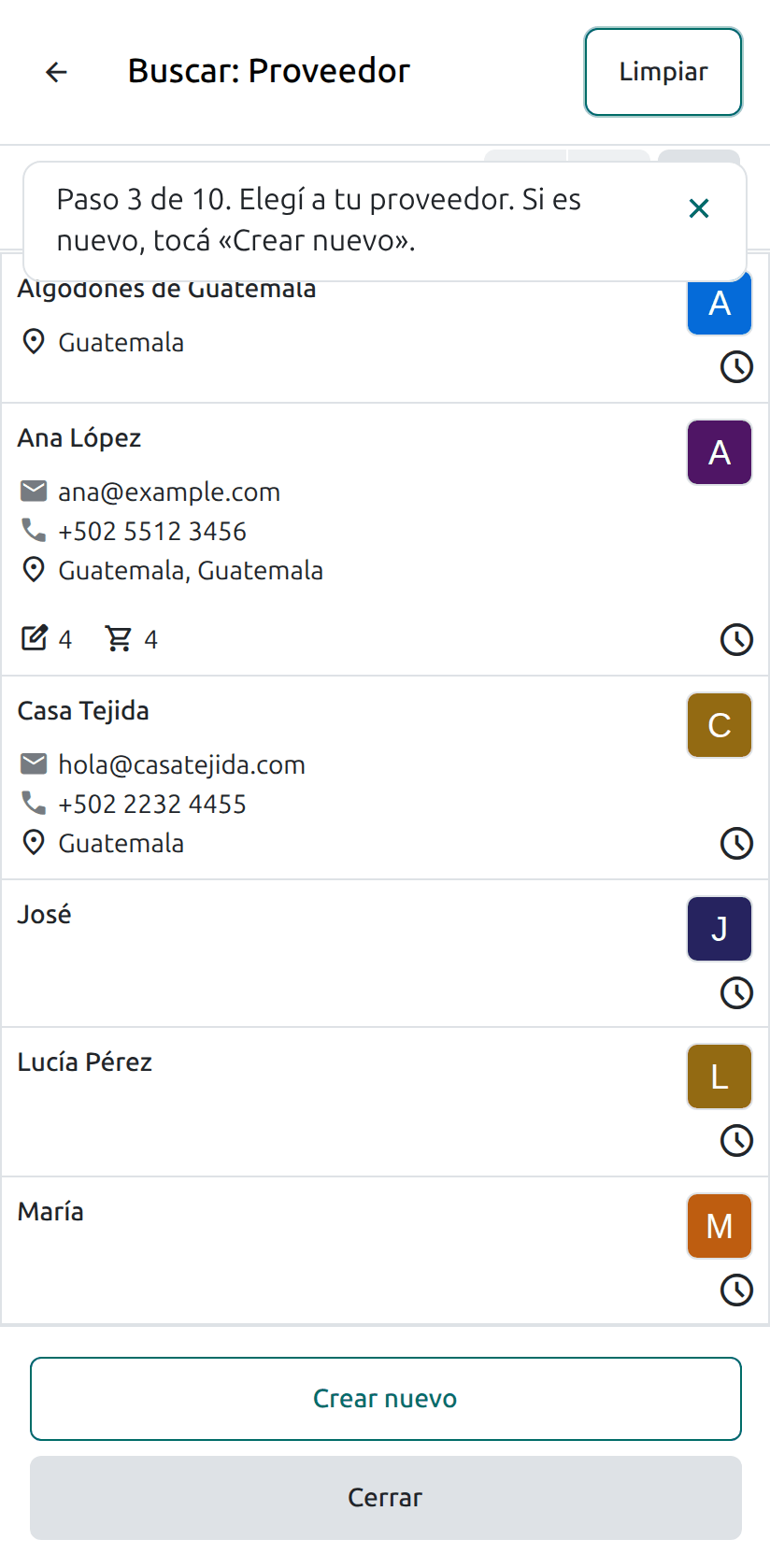 La lista de proveedores y Crear nuevo