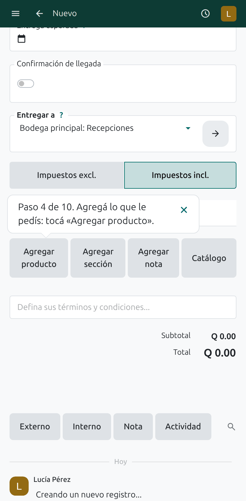 El botón Agregar producto
