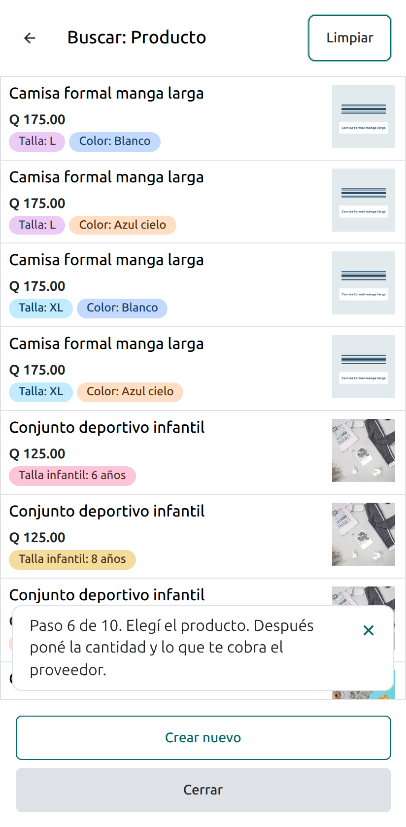 La lista de productos