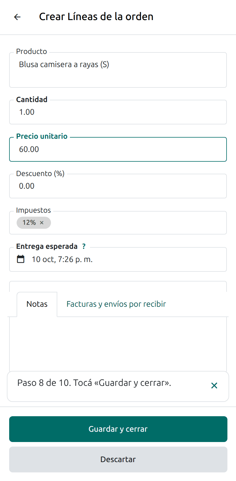 El precio escrito y el botón Guardar y cerrar