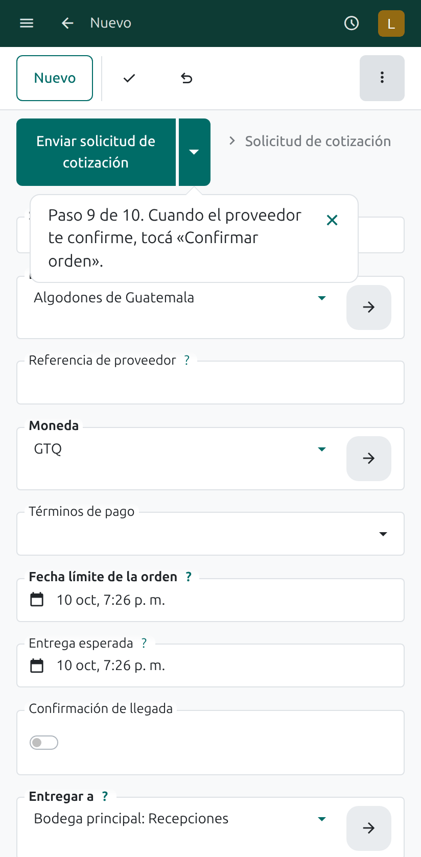 La flecha de los botones de la orden