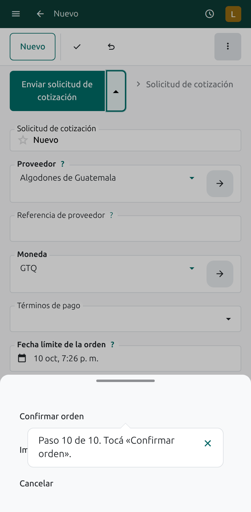 Confirmar orden en el menú del teléfono