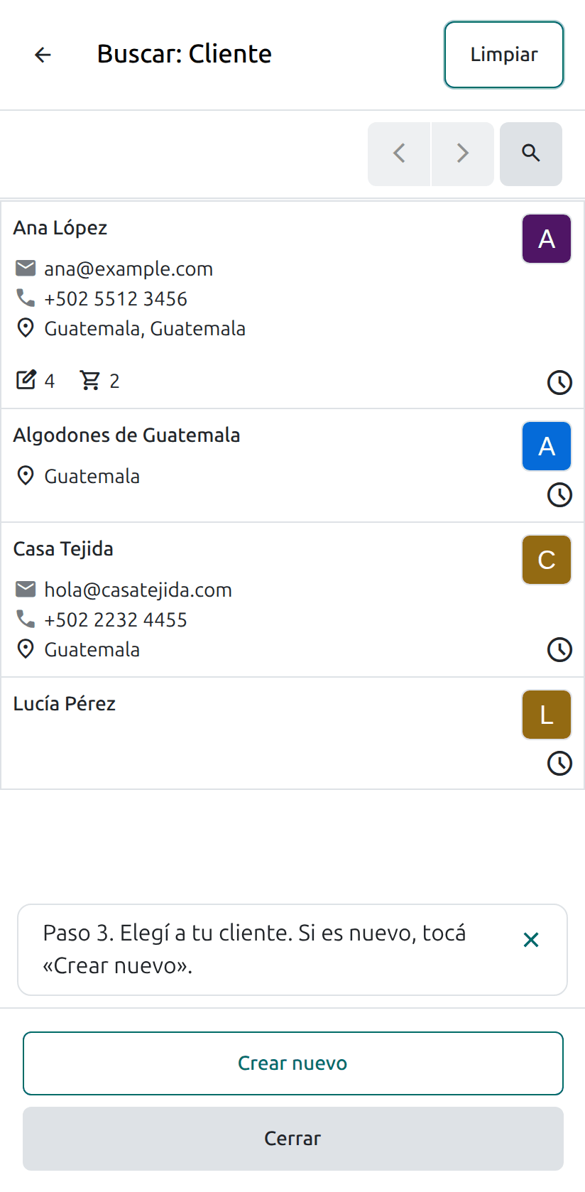 La lista de clientes y Crear nuevo