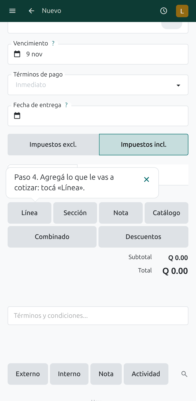 El botón para agregar una línea
