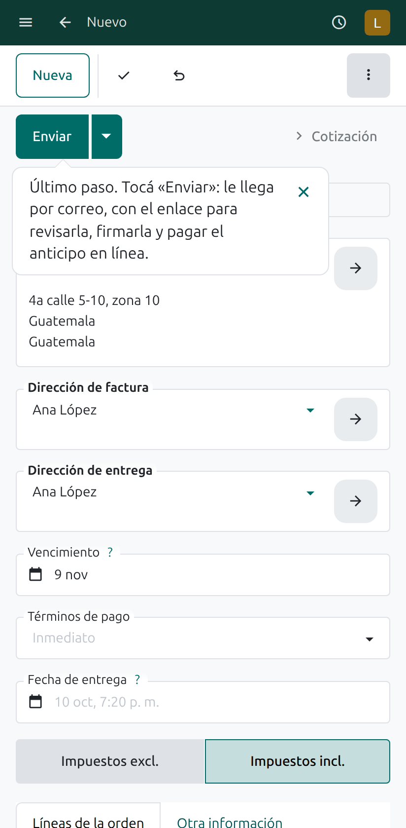 El botón Enviar
