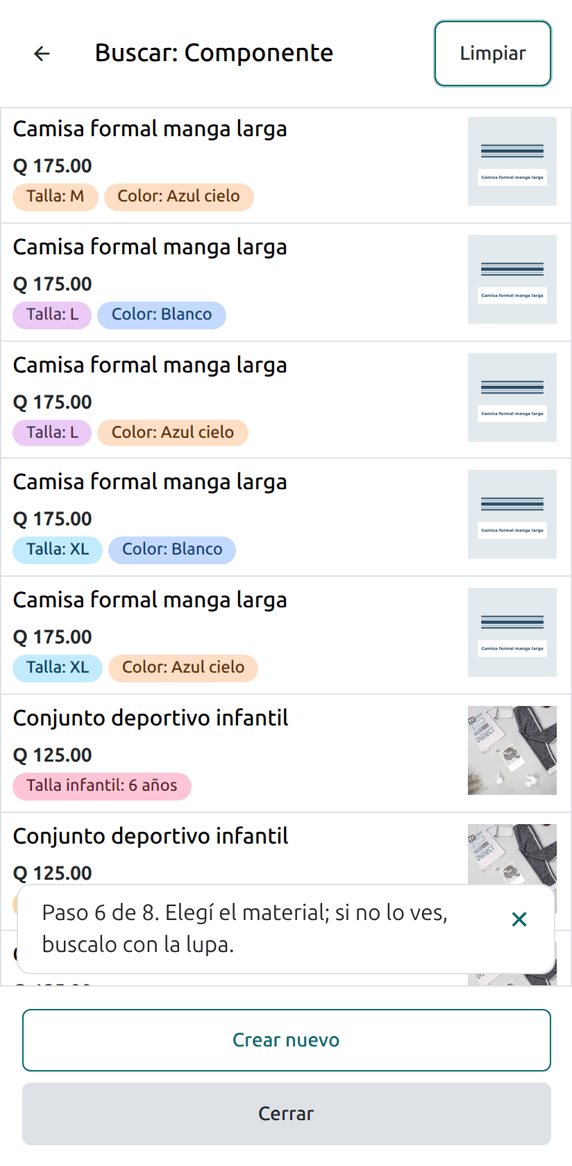 La lista de materiales para elegir
