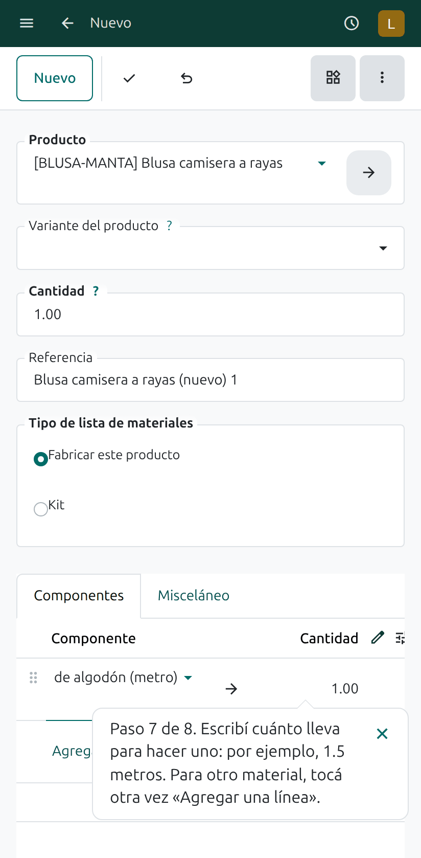 La cantidad del material