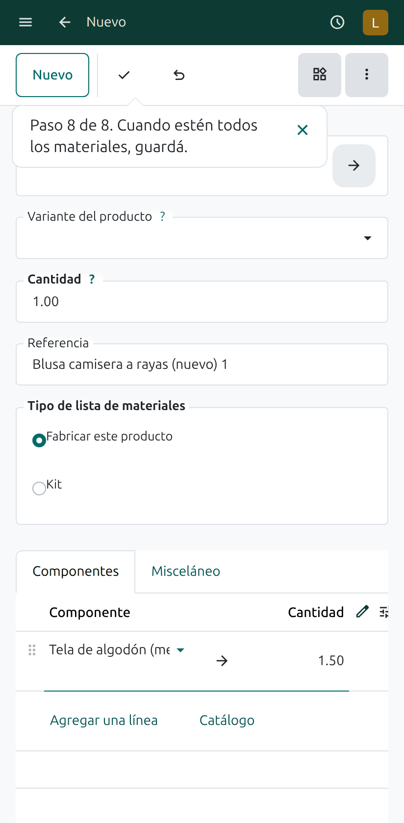 La receta con 1.5 de tela y el botón para guardar