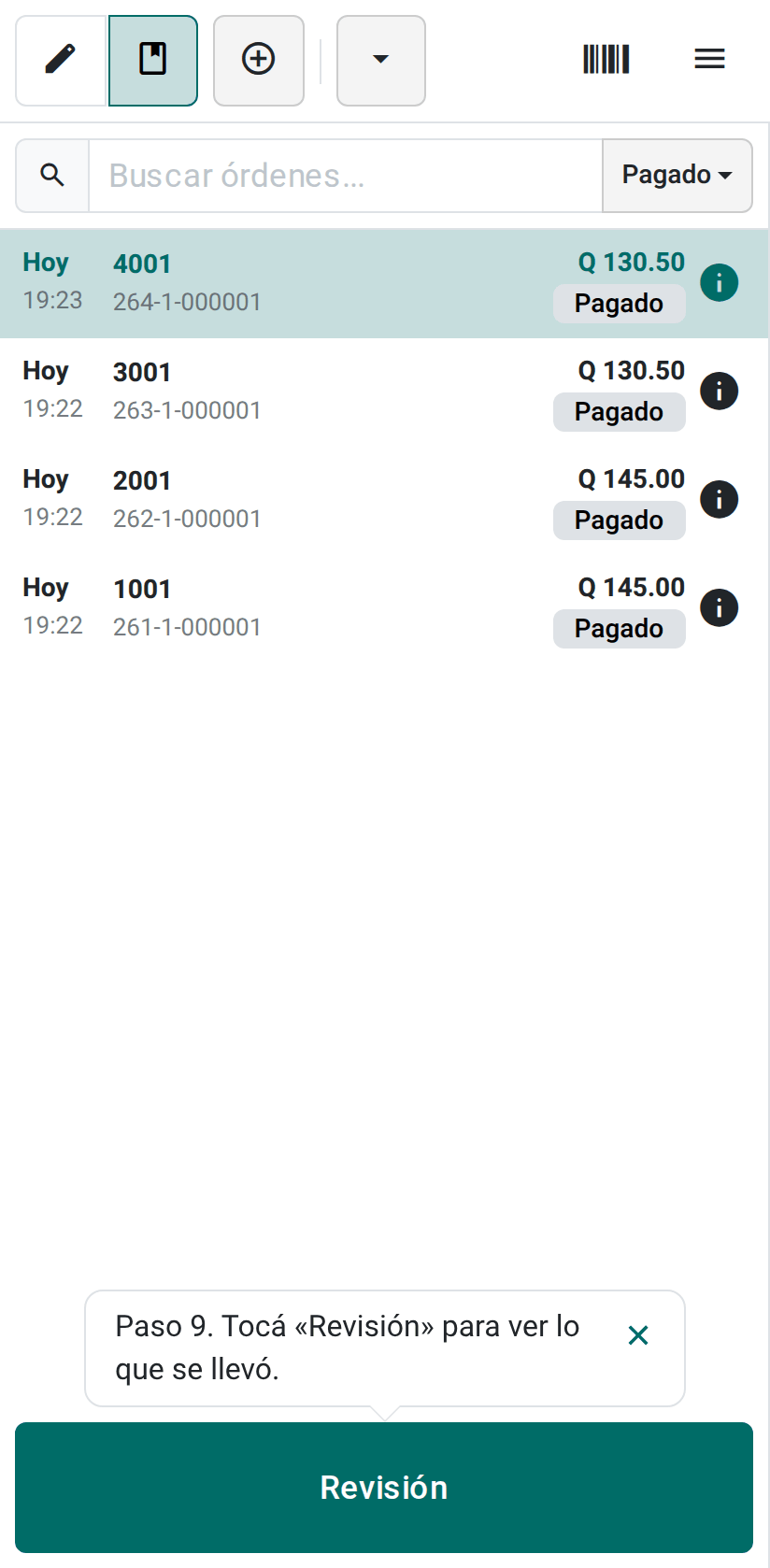 Las ventas pagadas, con la venta abierta y el botón Revisión