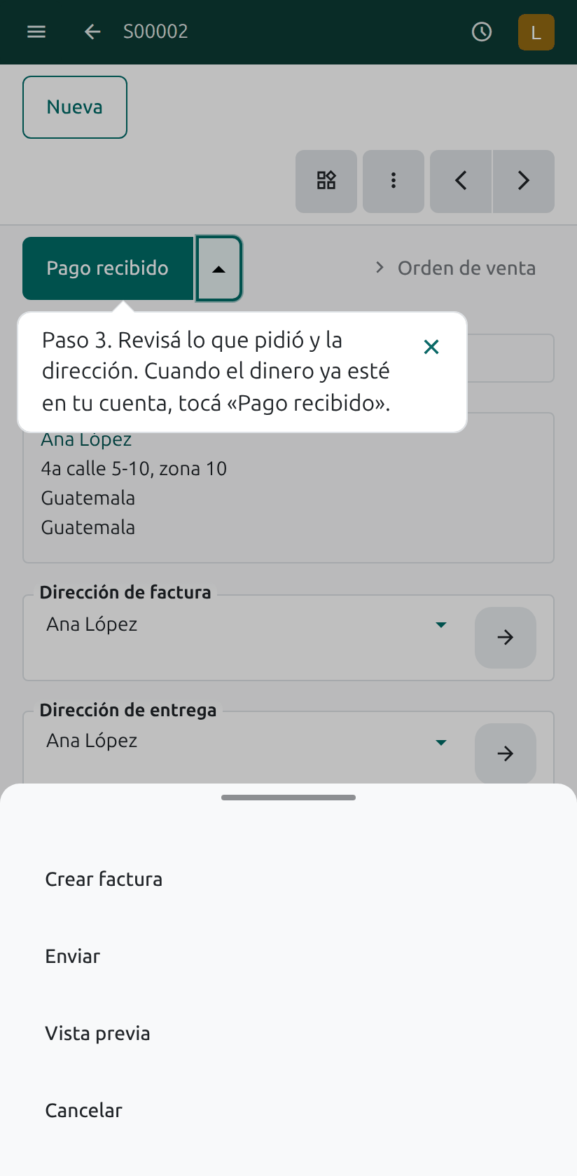 El botón Pago recibido