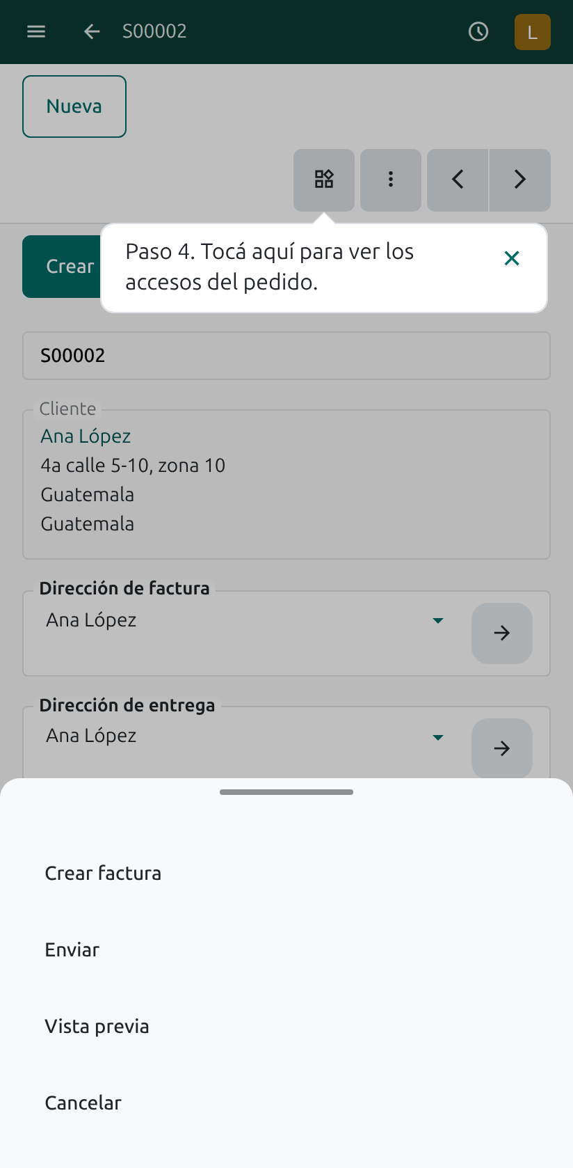El botón de los accesos del pedido