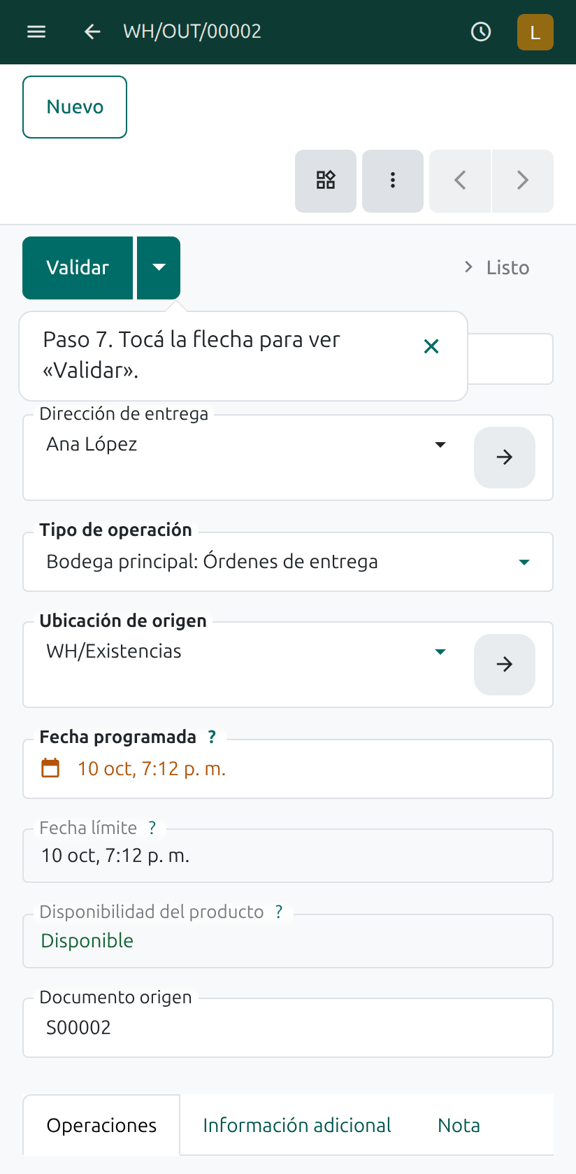 La flecha de los botones de la entrega