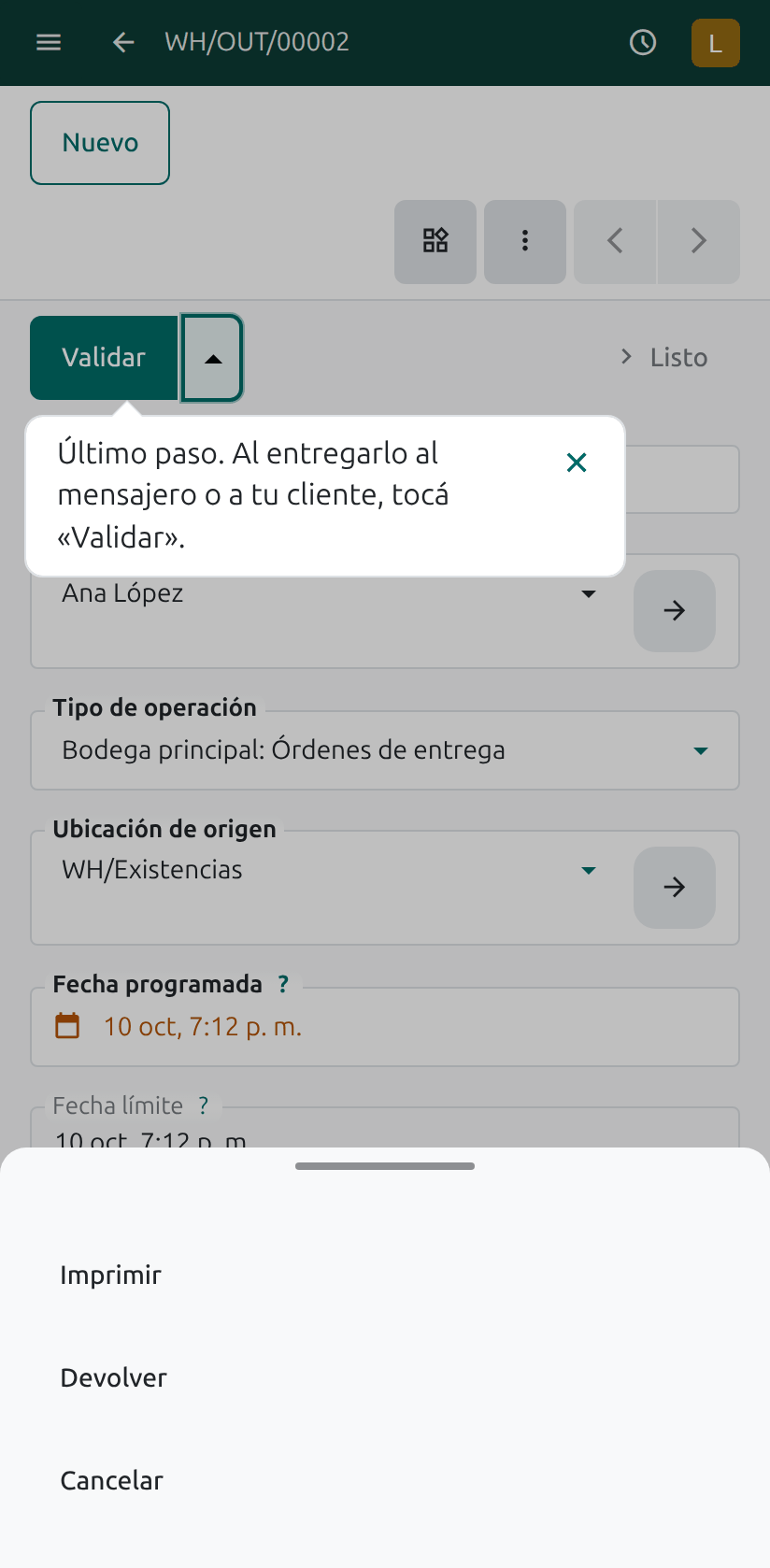 La entrega con el botón Validar