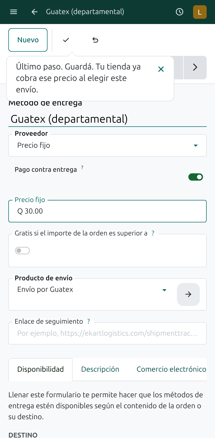 El botón para guardar