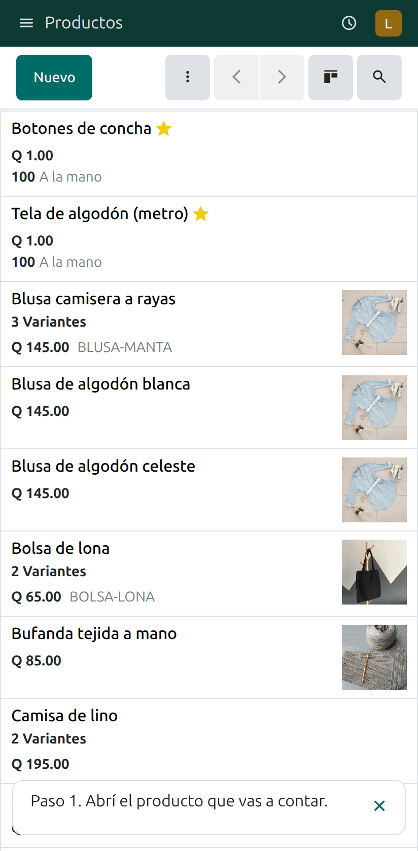 La lista de productos