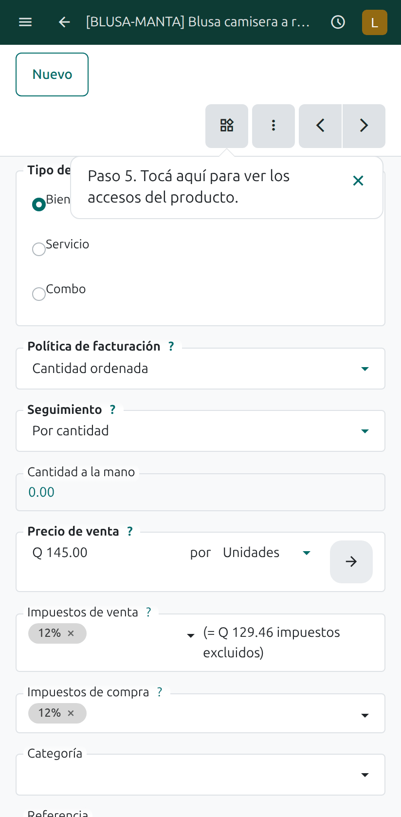 El botón de los accesos del producto