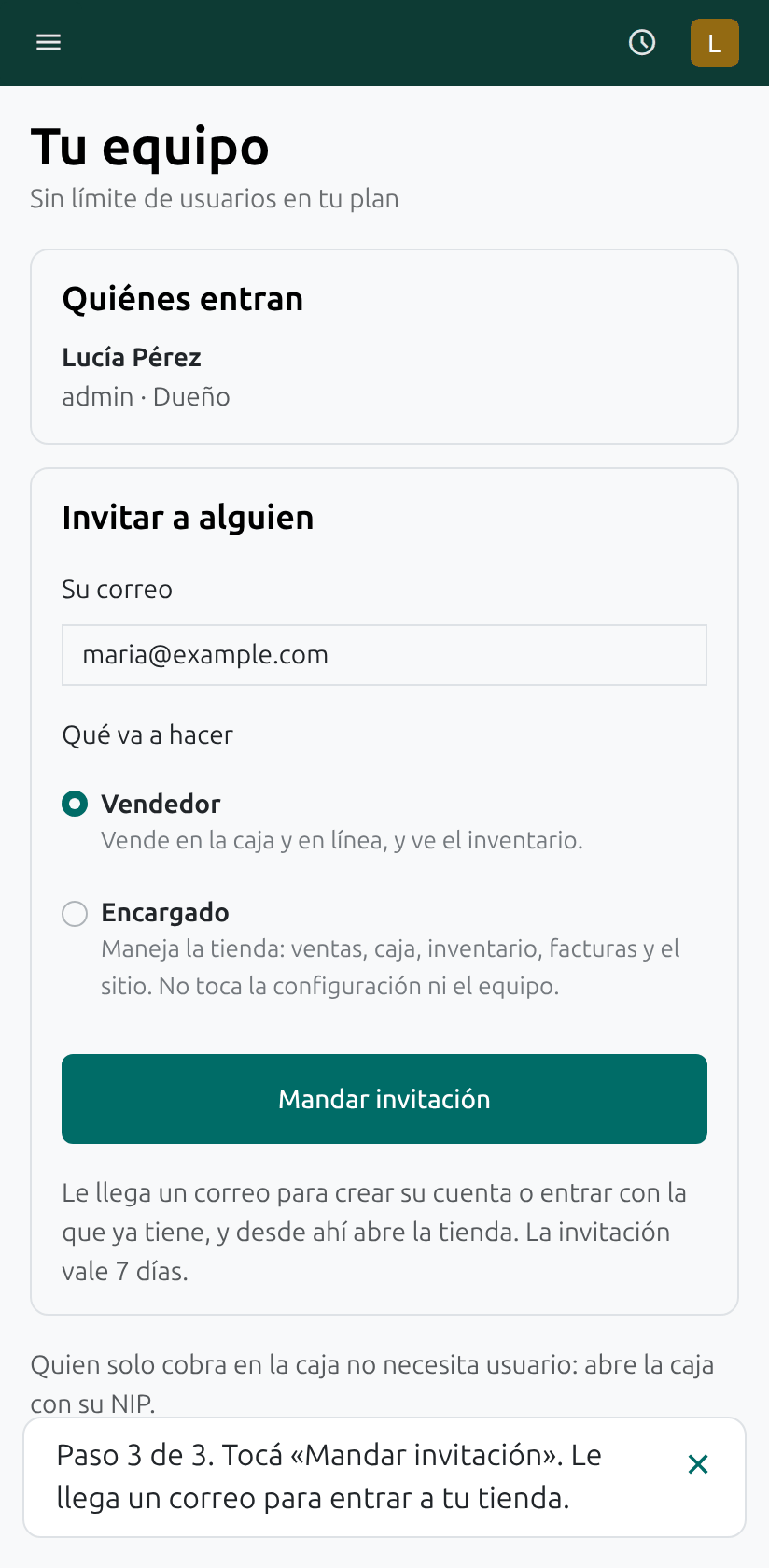 El botón Mandar invitación