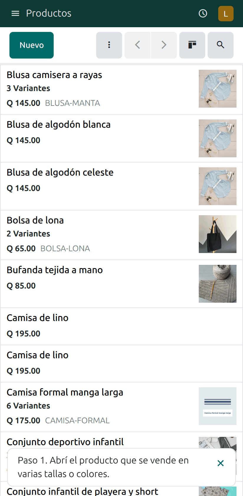 La lista de productos