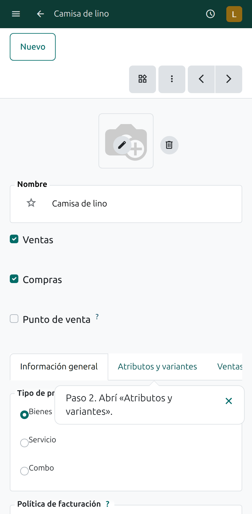 La pestaña Atributos y variantes