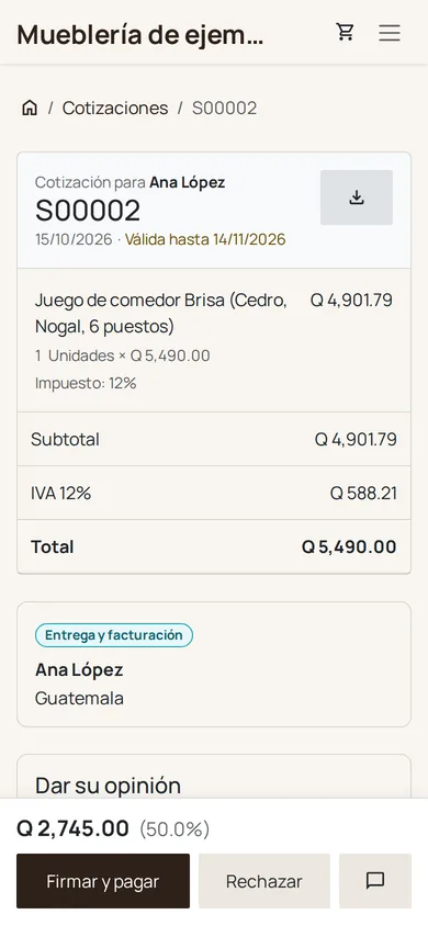 La cotización de un juego de comedor a la medida, como la ve su cliente: un anticipo de Q2,745 y el botón para firmar y pagar