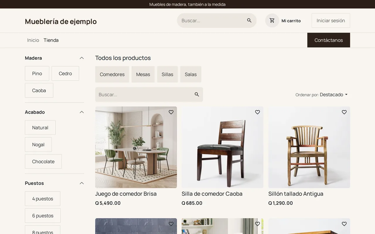 La tienda en línea de una mueblería: comedores, sillas y mesas en quetzales, filtrados por madera, acabado y puestos