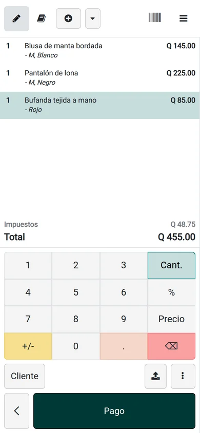 La orden en el punto de venta de Casa Tejida, en un teléfono: tres prendas y un total de Q455 con el impuesto adentro