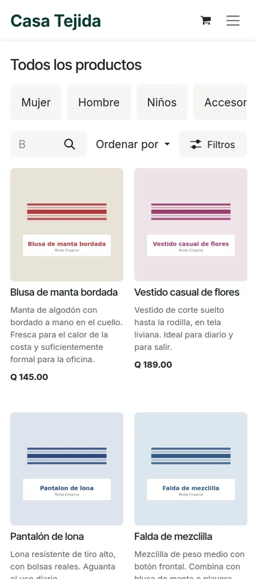 La tienda en línea de Casa Tejida en un teléfono